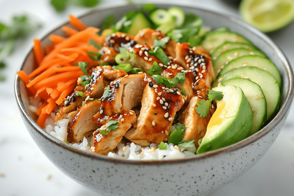 The Best Chicken Rice Bowl Recipe for a Delicious Meal at Home 9 Chicken pieces searing in a skillet with rice, vegetables, and soy garlic sauce ingredients ready for a chicken rice bowl.