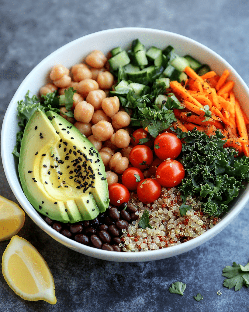 Best High Fiber Salad Recipe: 5 Delicious Ways to Boost Your Fiber Intake 9 Served high fiber salad bowl with quinoa, beans, avocado, kale, cherry tomatoes, cucumber, seeds, and herbs.