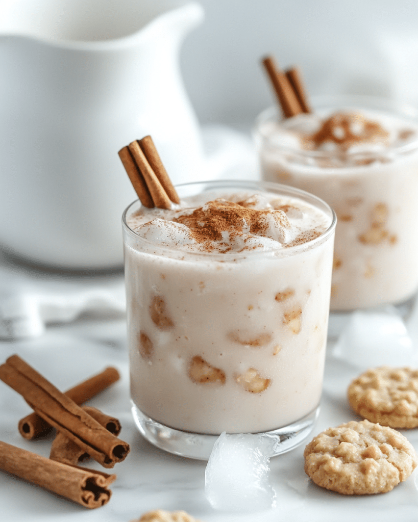 Homemade Horchata Recipe: How to Make the Best Horchata at Home 9 Served homemade horchata over ice with ground cinnamon, cinnamon sticks, and a white pitcher.