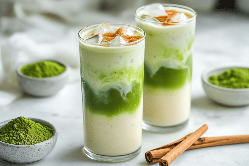 Creamy iced matcha horchata latte with cinnamon rice milk, vibrant green matcha, and ice.