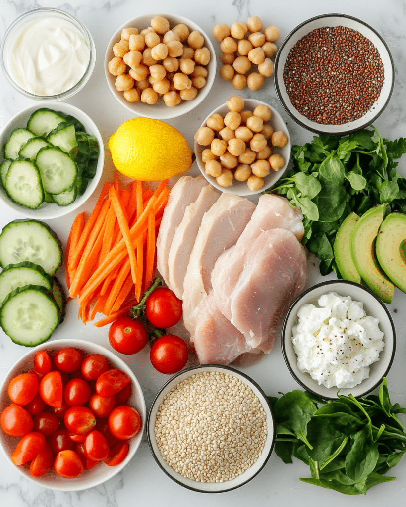 High Protein Chicken Bowl: The Best Recipe for a Protein-Packed Meal 7 High protein chicken bowl ingredients including chicken, quinoa, chickpeas, vegetables, avocado, Greek yogurt, lemon, and spices.