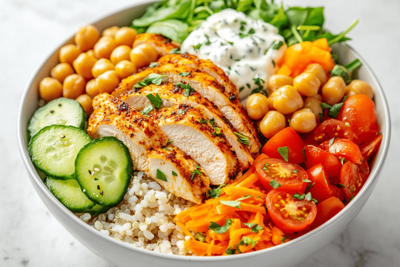 High Protein Chicken Bowl: The Best Recipe for a Protein-Packed Meal 5 High protein chicken bowl with seasoned chicken, quinoa, chickpeas, avocado, fresh vegetables, feta, and Greek yogurt sauce.