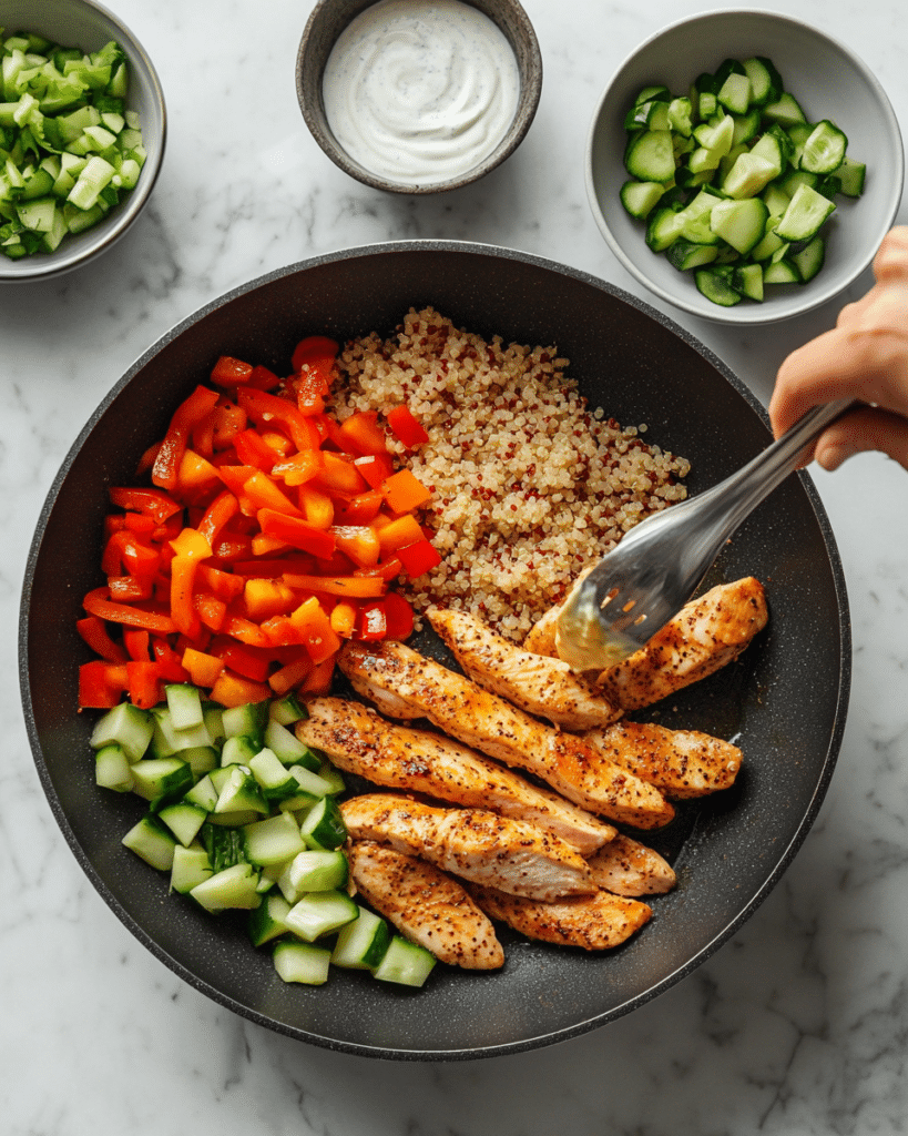 High Protein Chicken Bowl: The Best Recipe for a Protein-Packed Meal 8 Seasoned chicken cooking in a skillet with quinoa, chopped vegetables, and Greek yogurt sauce for a high protein chicken bowl.