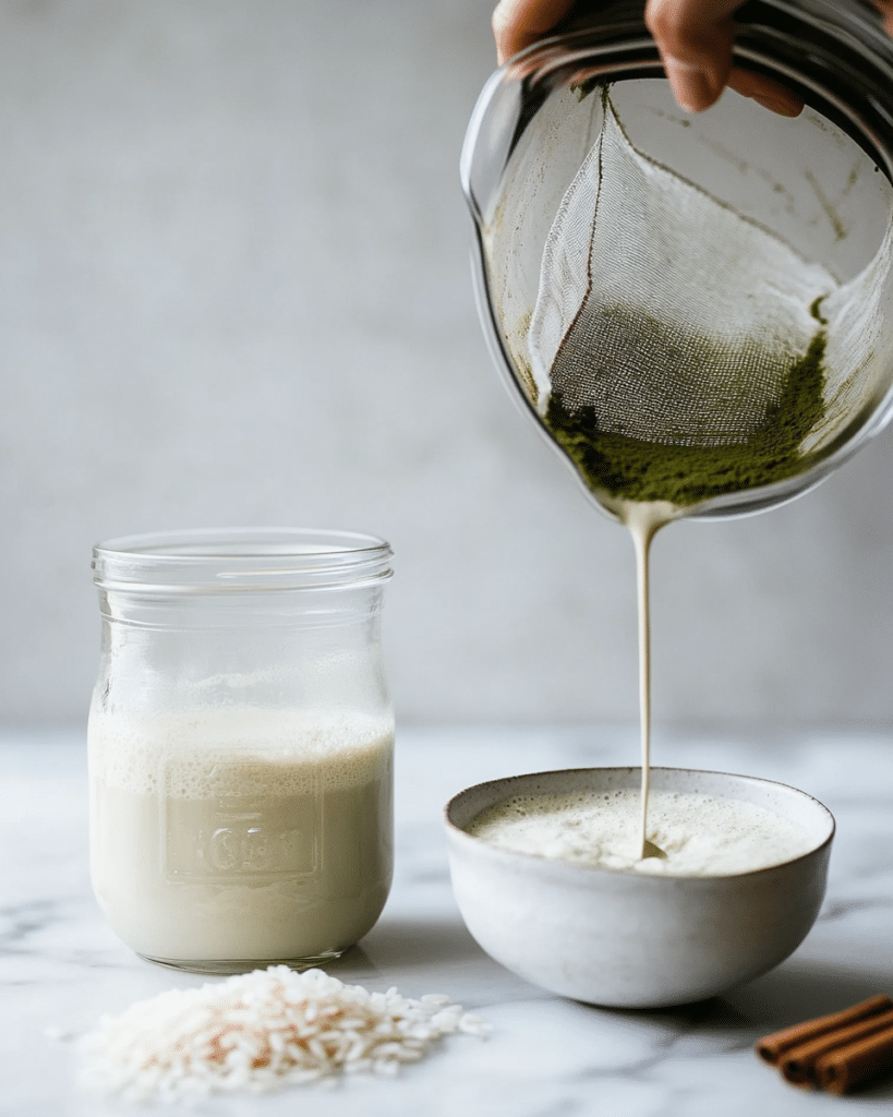 Soaked rice and cinnamon being blended and strained while matcha is whisked for a matcha horchata latte.