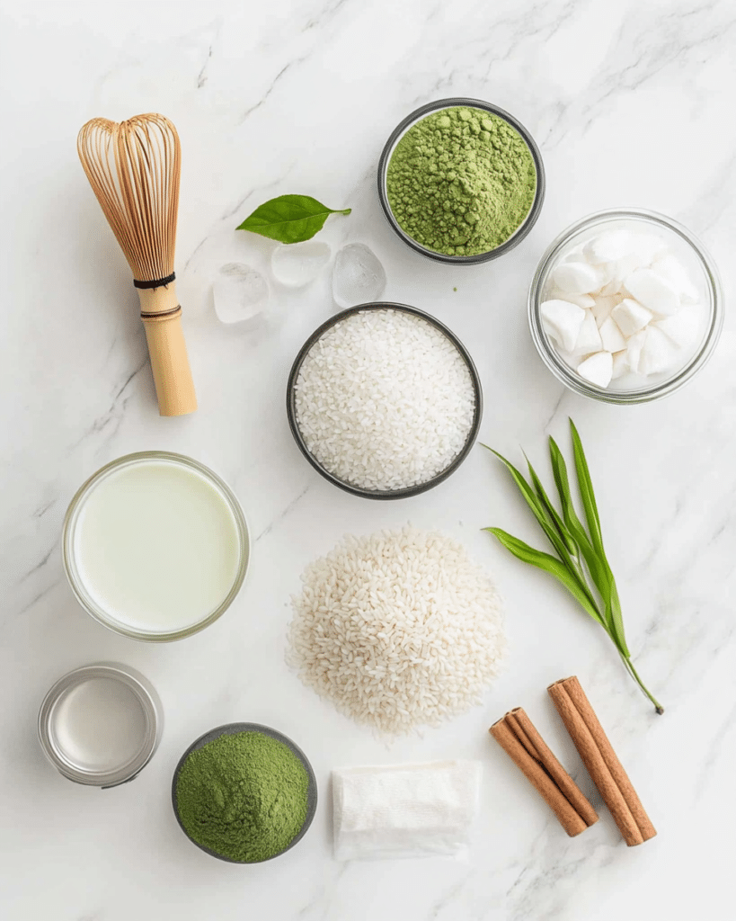 Matcha horchata latte ingredients including rice, cinnamon, matcha powder, vanilla, maple syrup, water, and ice.