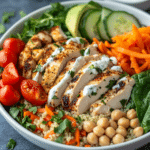 High Protein Chicken Bowl: The Best Recipe for a Protein-Packed Meal 6 Served high protein chicken bowl with seasoned chicken, quinoa, chickpeas, avocado, fresh vegetables, feta, and yogurt sauce.