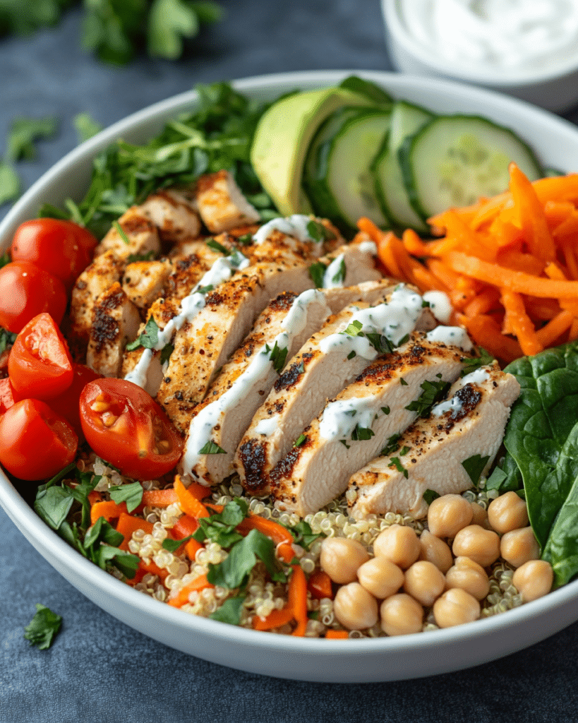 High Protein Chicken Bowl: The Best Recipe for a Protein-Packed Meal 9 Served high protein chicken bowl with seasoned chicken, quinoa, chickpeas, avocado, fresh vegetables, feta, and yogurt sauce.