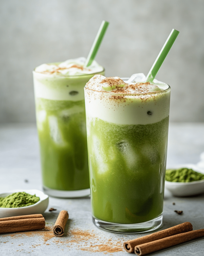 Served iced matcha horchata latte with cinnamon rice milk, green matcha, ice, and a light dusting of cinnamon.