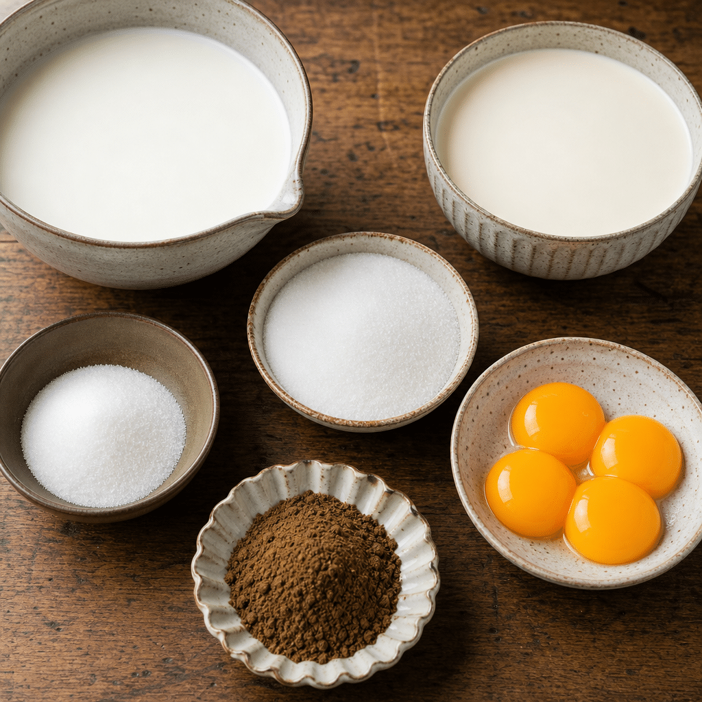 A Creamy Roasted Green Tea Delight : 2 cups whole milk, 1 cup heavy cream, divided, 3/4 cup granulated sugar, divided, 4 large egg yolks, 3 tablespoons hojicha powder